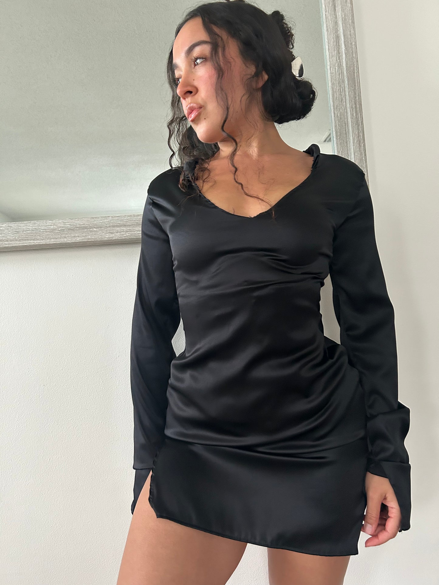 Shibui, our long sleeve silk dress in black