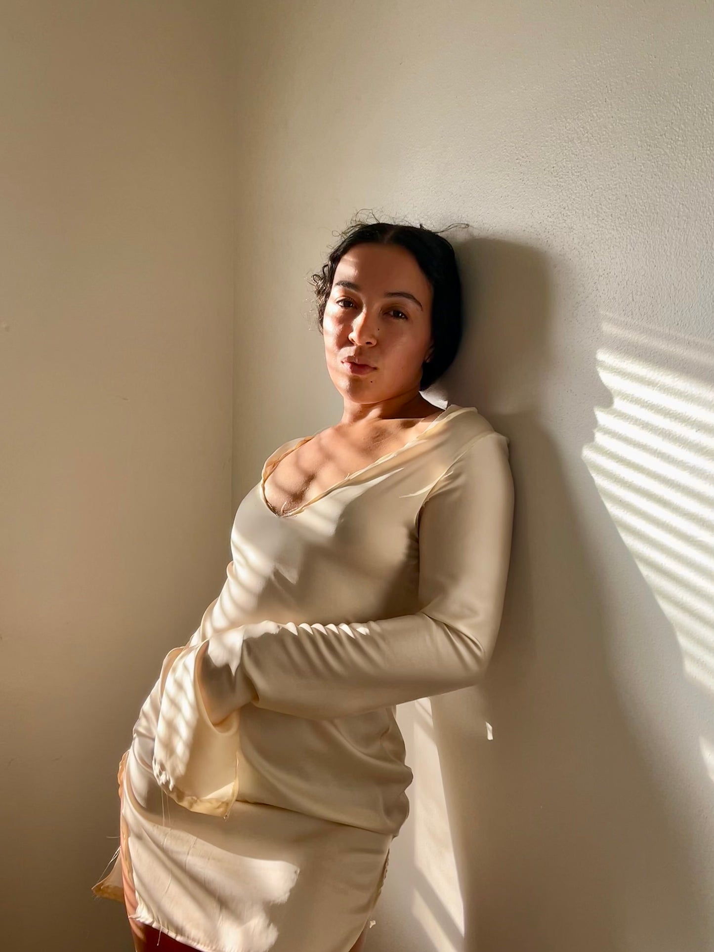 Shibui, our long sleeve silk dress in beige