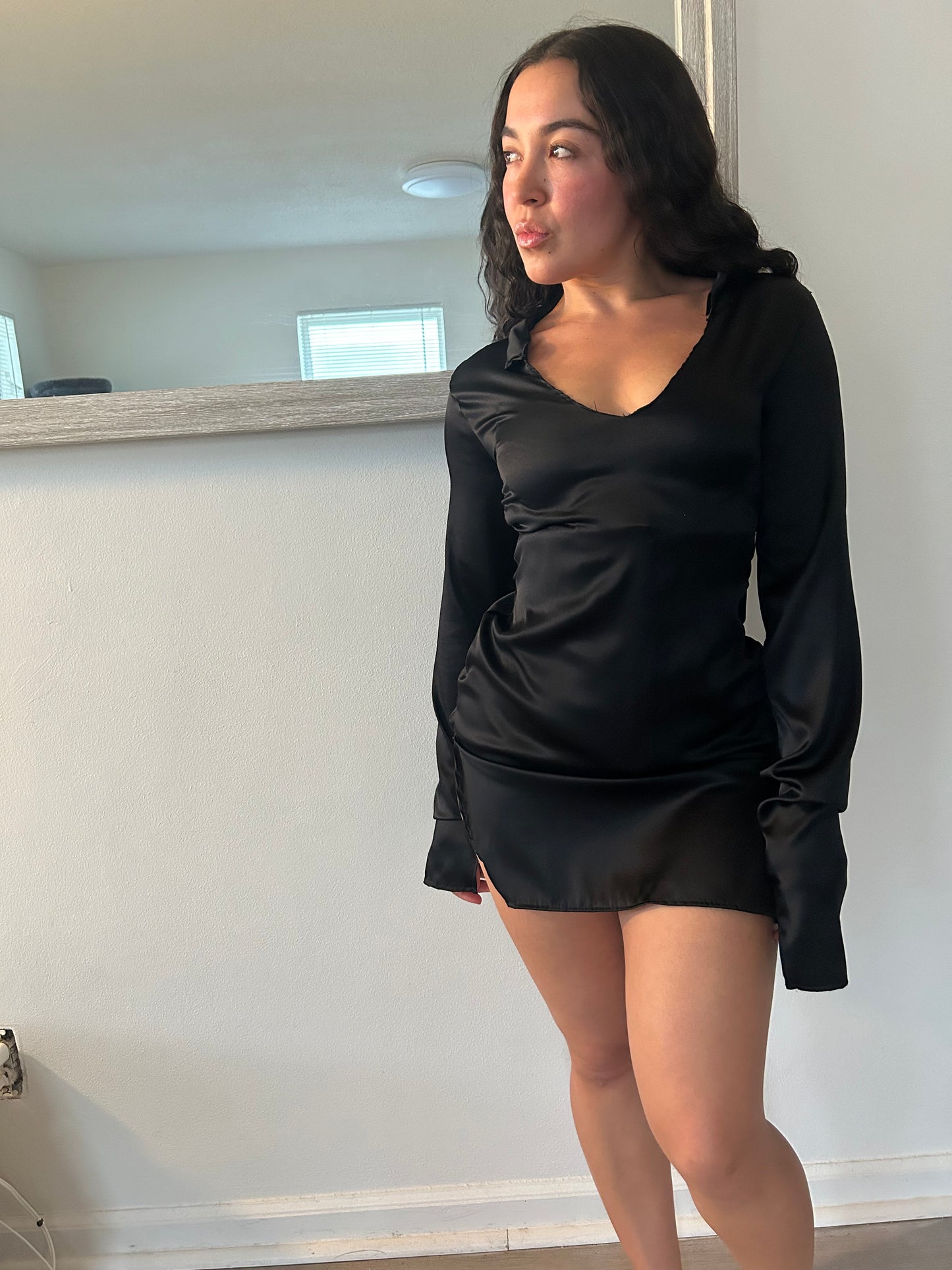 Shibui, our long sleeve silk dress in black