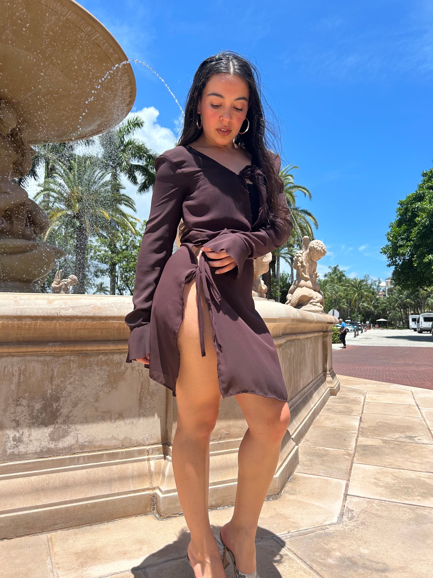 Two piece chiffon set in brown 